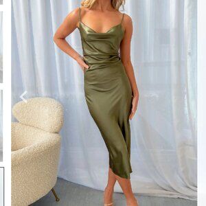 Beginning Boutique Schiffer Slip Midi Dress in Khaki, US Size 6/AUS Size 10